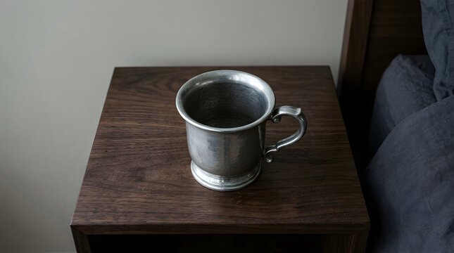 Vintage pewter mug with handle placed on wooden bedside nightstand in minimalist bedroom setting