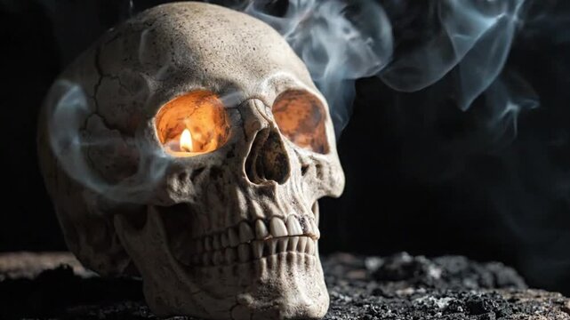 Human skull with burning candle eyes and rising smoke at night