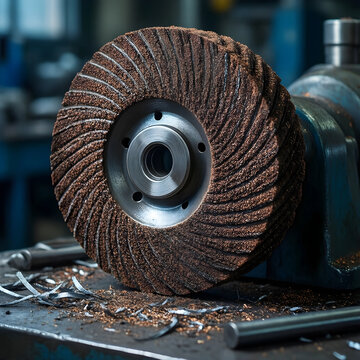 Industrial manufacturing and metalworking, abrasive flap disc mounted on angle grinder for surface finishing and heavy duty steel grinding in workshop