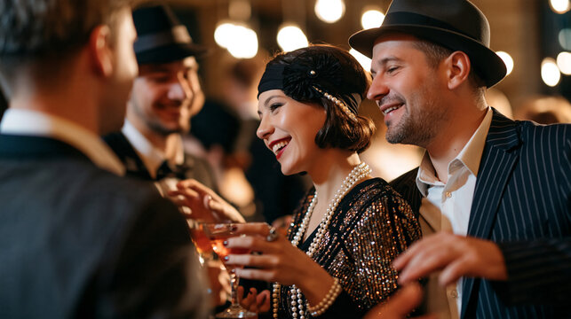 Vintage costume party, flapper dresses, fedoras and pinstripe suits, friends dancing and sipping cocktails, roaring twenties nostalgia theme, retro celebration, with copy space