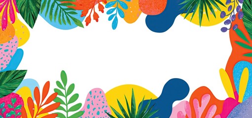 Naklejka premium A colorful spring 2027 greeting card with lively tropical leaves and bold abstract patterns arranged in a vibrant frame.