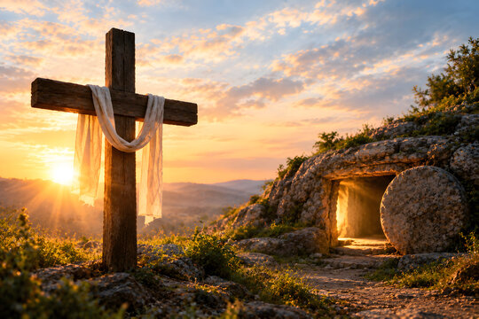 Simple wooden cross positioned in the foreground with an empty stone tomb, resurrection and salvation symbolism