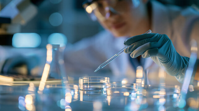 Faceless scientist analyzing rare earth elements in a laboratory, scientific research, mineral analysis, technology and industry concept, with copy space