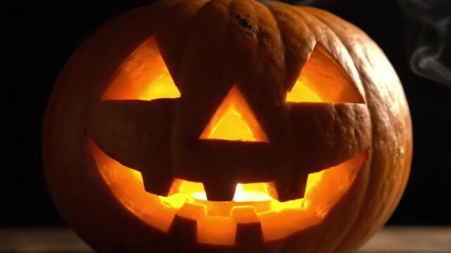 Glowing Halloween Jack o Lantern with smoke on dark background