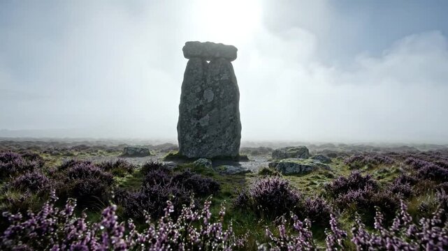 Ancient Standing Stone Monolith in Misty Heather Landscape, UK