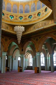 Grand Mosque Kulafa al Rashidin features an ornate painted dome and arched columns above the prayer hall, Central Region, Asmara, Eritrea