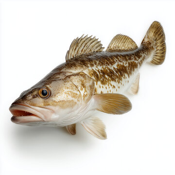 A fresh predatory freshwater fish (such as a perch or zander) with spiky dorsal fins and striped patterns, isolated on a white background