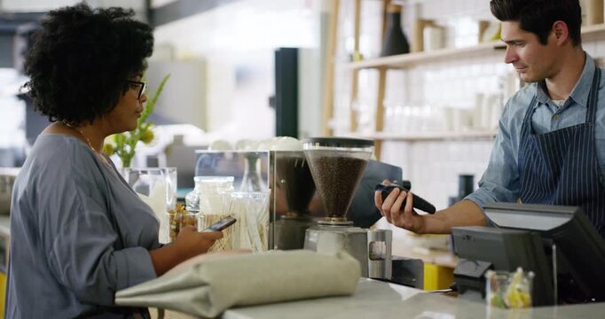 Phone, payment and smile with waiter in cafe for fintech, customer service and online banking, Digital transaction, barista and pos machine with people in coffee shop for checkout and server