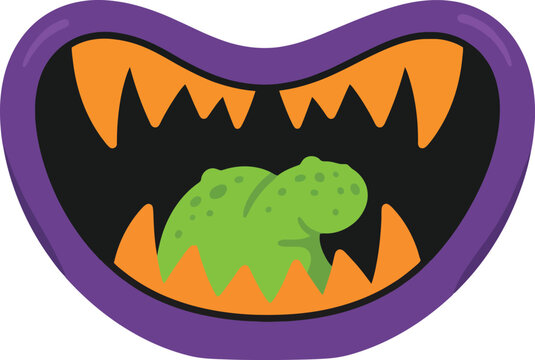 Cartoon monster mouth with sharp orange teeth and a green tongue.