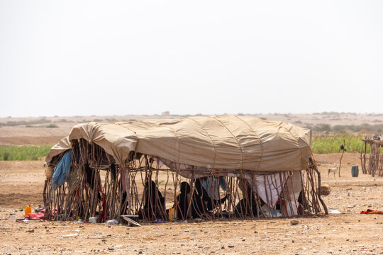 Rashaida tribe women sit inside a traditional hut made of branches and cloth in the desert, Northern Red Sea, Massawa, Eritrea