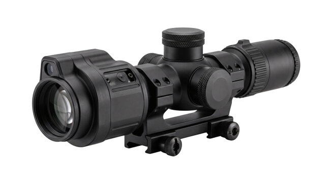 Tactical optical rifle scope on Picatinny rail on transparent background, black military sniper telescope sight with elevation adjustment dials. Precision equipment delivers accurate targeting.