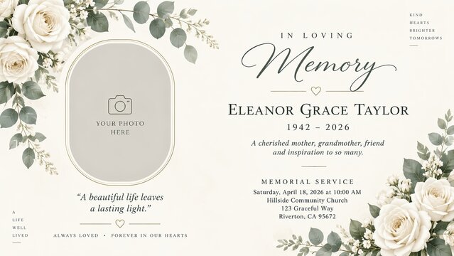 Elegant memorial service invitation template with white roses, eucalyptus foliage, photo placeholder, and remembrance text on a soft cream background.