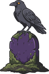 Obraz premium A dark raven perched atop a weathered mossy tombstone.