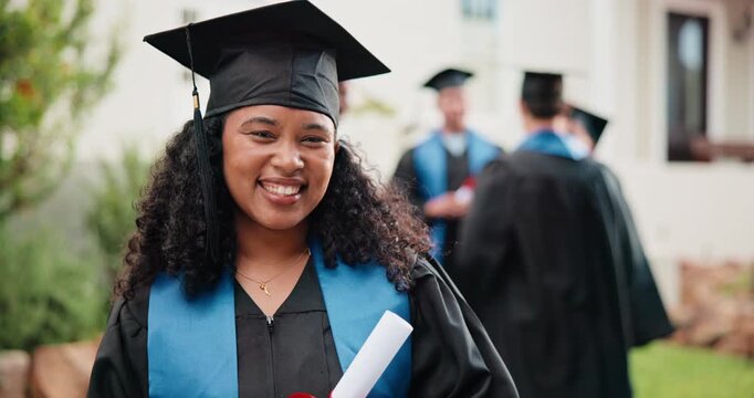 Face, woman and student at campus for graduation, ceremony and diploma for degree completion. Portrait, female person and graduate outdoor with certificate, accolade award and learning accomplishment
