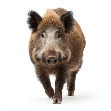 Wild boar with dark bristly hair and tusks standing isolated on a seamless white background