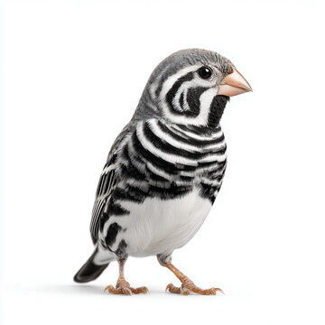 Detailed close-up of a zebra finch perching against a seamless isolated studio white background