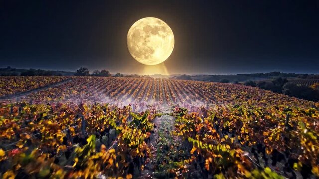 Full moon illuminates a vineyard at night with autumn foliage and rows of grapevines