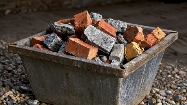 Elegant photo of A metal bucket filled with broken red bricks and concrete rubble on a gravel ground. Useful for construction, demolition, and renovation industry project concepts.