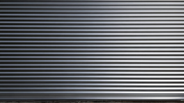 Elegant photo of A close-up of a metallic grey roller shutter door with uniform horizontal ridges. Ideal for industrial, storage, or security-themed backgrounds.