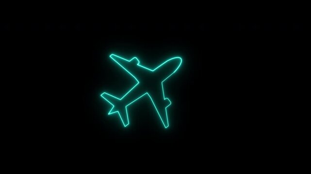 airplane icon blue neon line trail with flying animation, air travel aviation transportation symbol, plane sign icon animation on transparent background, 4k video