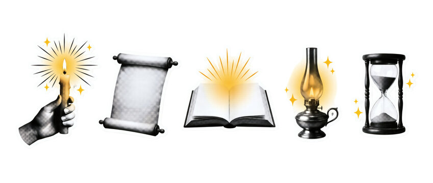 Historical academic education icons collage on transparent background, burning torch of wisdom with parchment scroll open book and hourglass timer. Prestigious learning creates heritage.