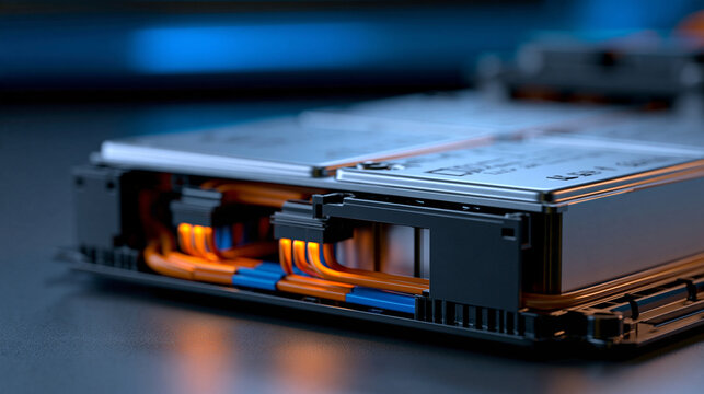 Elegant photo of A close-up view of an electric vehicle battery pack with glowing orange cables. Ideal for energy technology and automotive innovation concepts.