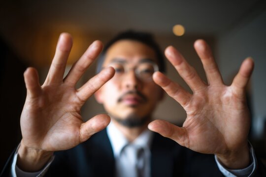 顔の前で両手を広げる男性