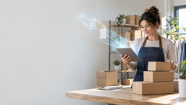 Small business owner managing online order fulfillment using digital tablet technology