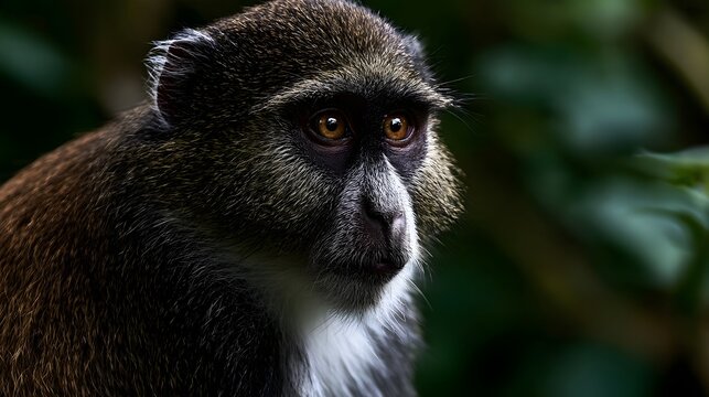 Close up of a monkey with dark fur and bright eyes  looking alert in a lush green forest environment