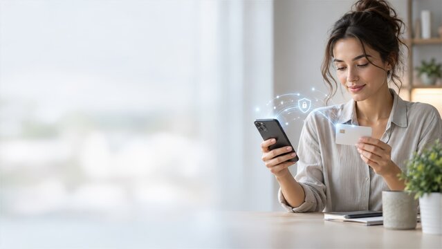 Woman making secure online payment using smartphone and credit card for shopping