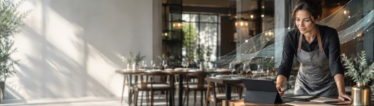 Professional restaurant waitress using digital tablet for order management in modern cafe interior setting background