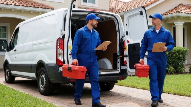 Two male service pros stand near open white van in suburban home setting. Workers carry tool box and clipboard ready for house repair or maintenance check.