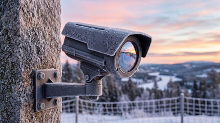 Fototapeta premium Security camera monitoring winter landscape outdoor view