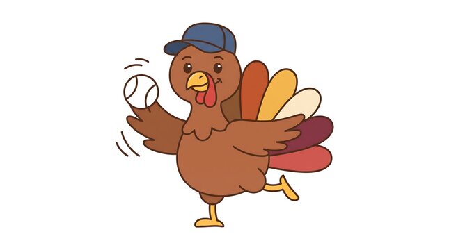Funny cartoon turkey wearing a baseball cap holding a baseball in a thanksgiving themed sports graphic with thanksgiving