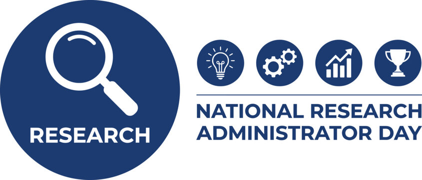 National research administrator day with dark blue circular featuring a magnifying glass lightbulb gears bar chart and trophy symbols on a white background