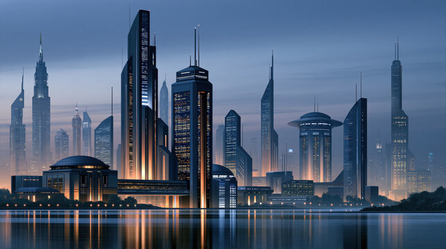Futuristic cityscape skyline skyscraper metropolis reflection waterfront dusk skyline light urban architecture tower building city modern high rise illuminated horizon river dawn evening blue sky