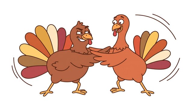 Two cartoon thanksgiving turkeys standing face to face in a comical argument with thanksgiving argument conflict