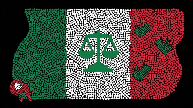 Glowing scales of justice icon inside mexican flag mosaic, legal balance symbolism in digital art