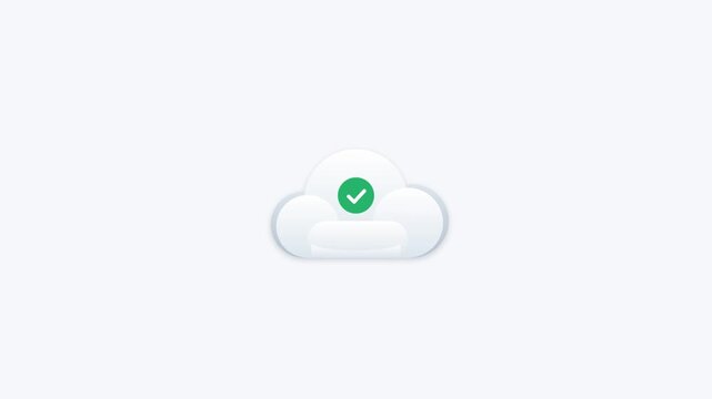 Minimal 3D cloud upload icon animation showing a digital file being pulled into a cloud storage system, absorbed through a receiving area, and confirmed with a success checkmark. Suitable for SaaS, cl