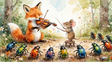 Obraz premium Whimsical watercolor scene shows fox playing violin while mouse conducts audience in forest. Charming woodland concert with nature animals, insects performing music outdoors in lively summer meadow.
