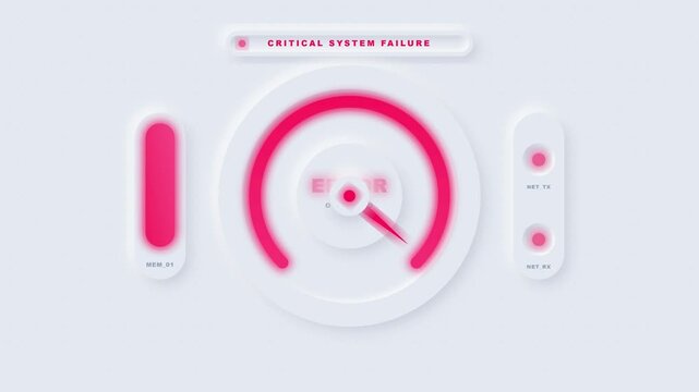 Neumorphic UI design of a critical system failure dashboard featuring glowing pink gauges and status indicators on a white background