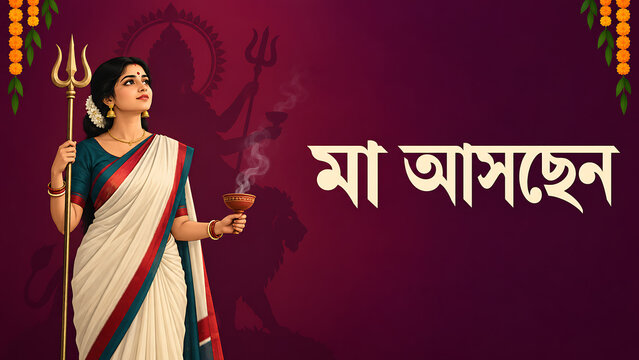 Bengali woman holding trident and incense against festive maroon background celebrating mahalaya devotion goddess worship and traditional durga puja cultural heritage traditions