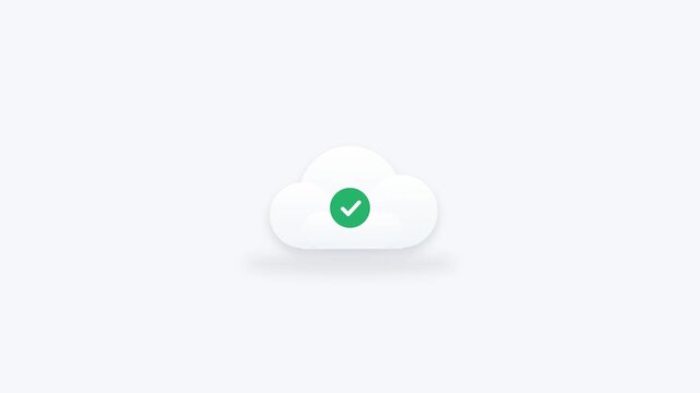 Clean animated cloud upload icon showing a document file being transferred into cloud storage, absorbed into the cloud and confirmed with a success checkmark. Suitable for SaaS, software, data transfe