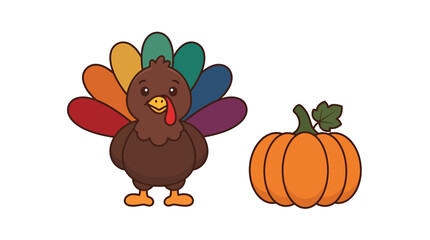 Fototapeta premium Pixel art turkey and orange pumpkin for thanksgiving holiday season