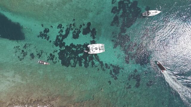 Top down view of catamarans and motorboats in Adriatic lagoon