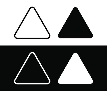 Triangle shape vector icon set. Basic geometric warning and directional arrow symbol. Outline and solid rounded triangle shapes in black and white