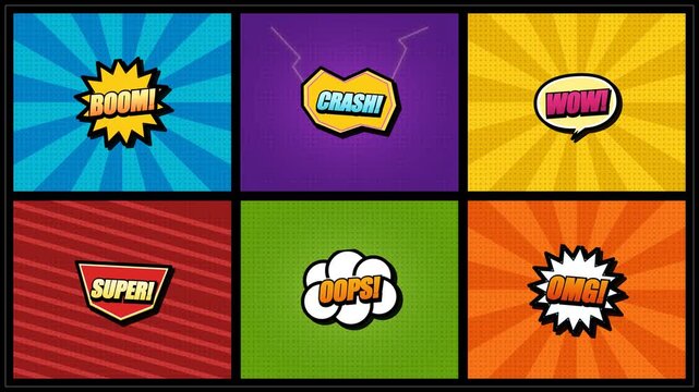 Comic Multi Panel Pop Art Crash, Oops, Wow, super animation 4k