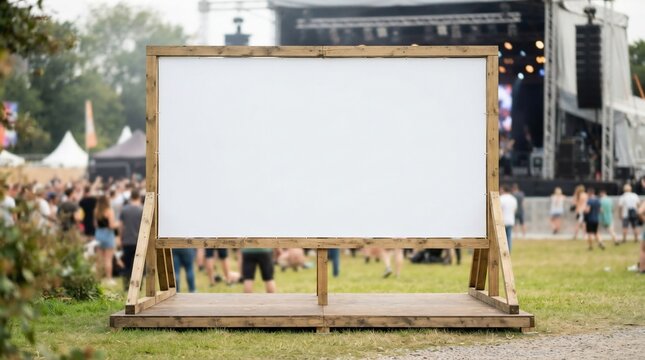 Large empty white billboard sign with wooden frame at blurred outdoor music festival venue for advertisement mockup