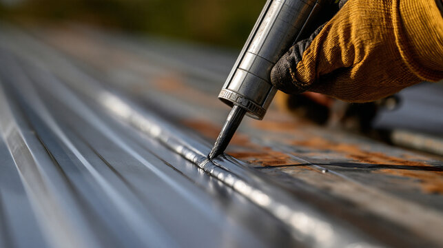 Elegant photo of A construction worker applies silicone sealant to a metal roof seam. Perfect for home repair, renovation, and DIY maintenance conceptual projects.
