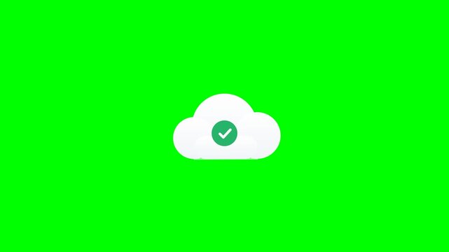 Clean animated cloud upload icon on a solid green screen showing a document file moving downward into cloud storage, absorbed, and confirmed with a success checkmark. Optimized for chroma key composit